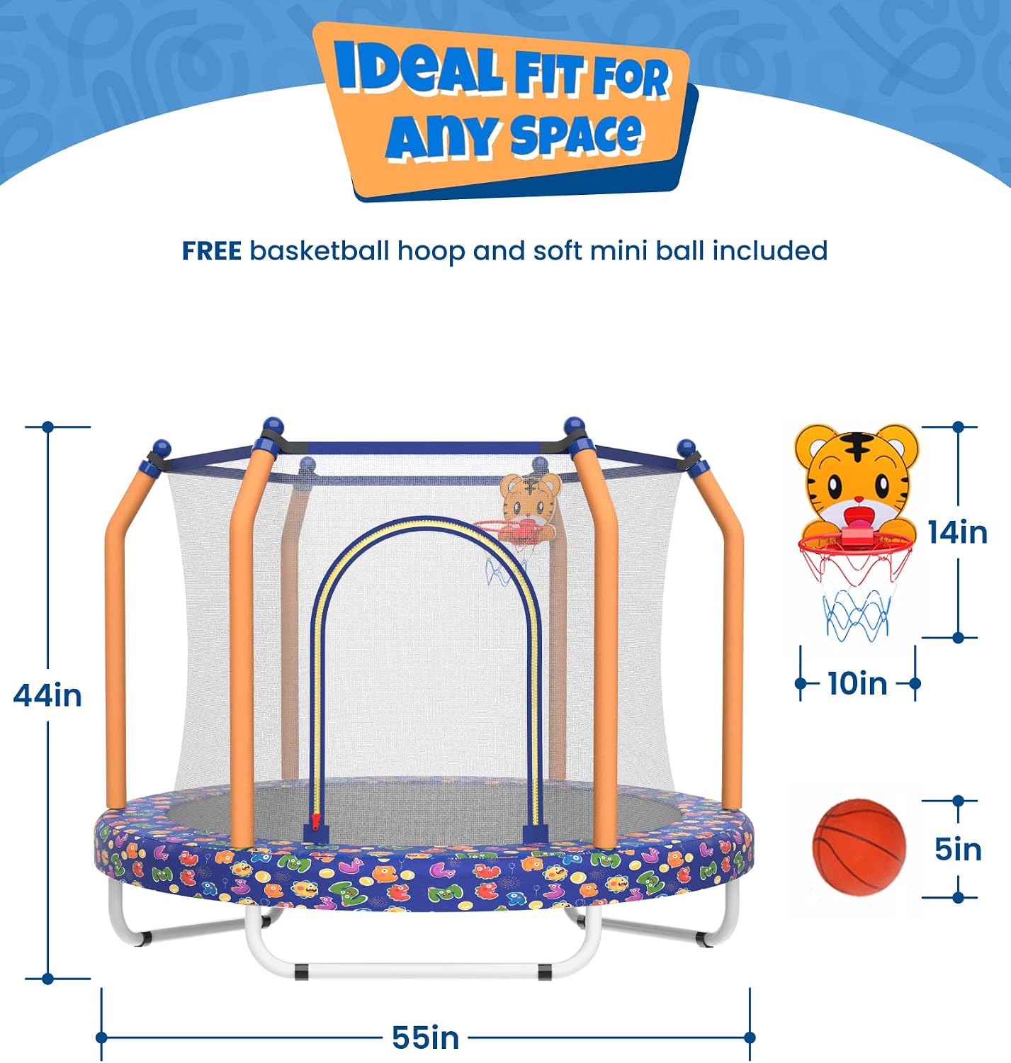 Mersco 55' Trampoline for Kids, 440lbs Capacity Indoor & Outdoor Toddler Kids Trampoline with Basketball Hoop, Safety Enclosure, Birthday Gifts for Boy and Girl, Age 1-8
