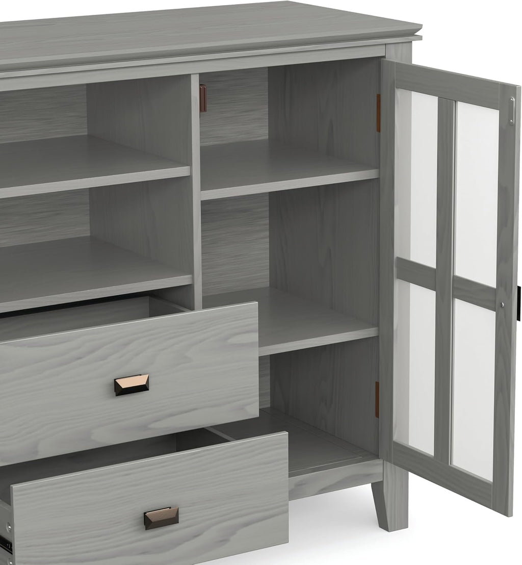 SIMPLIHOME Artisan TV Stand - 53 inch Wide Solid Wood Tall Media Console in Fog Grey, Contemporary Entertainment Center for Living Room for TVs up to 60 Inches with Drawers and Cable Management
