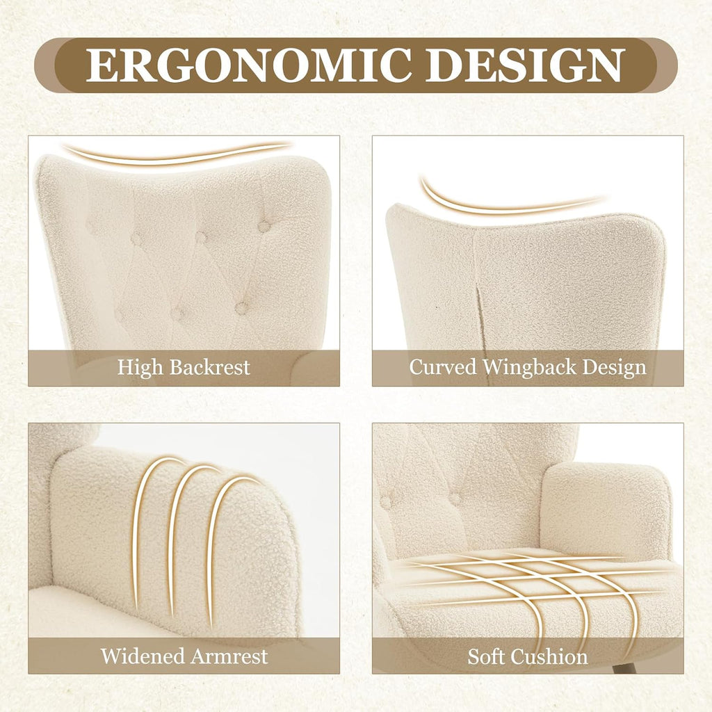 Furnimart Accent Chairs Set of 2, White Sherpa Reading Armchair with High Backrest, Wingback Corner Chair Mid Century Modern for Living Room, Bedroom, Waiting Room