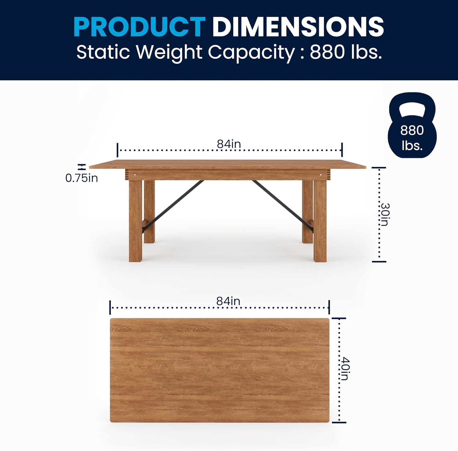 Flash Furniture Hercules Series 7' x 40' Rustic Solid Pine Folding Dining Table, Rectangular Antique Farmhouse Dining and Event Extension Table