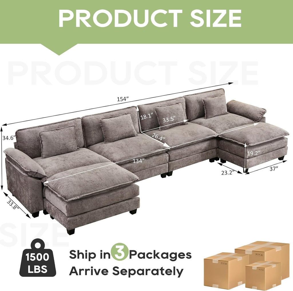 Oprisen 154' Modular Sectional Sofa, Comfy Cloud Couch Sectional Sofa with Ottoman, Chenille Sofa Sleeper Deep Seat Sofa with Throw Pillows for Living Room (Light Gray, 154'- U Shape)