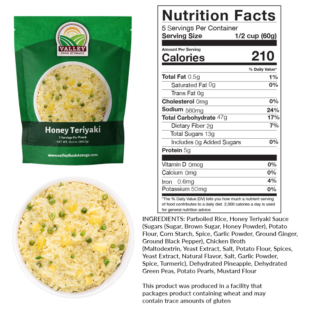 Valley Food Storage Honey Teriyaki Rice | 10-Bag Bucket, 50 Servings | Non-GMO Premium Emergency Food Supply, 25 Year Shelf Life | Survival Meal Kits, Prepper Food & Off-Grid Living Supplies, Packaged in USA
