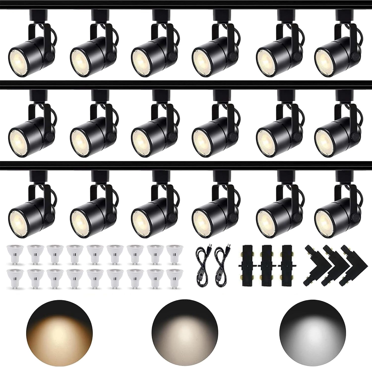 Dimmable LED GU10 Track Lighting Kit with Replaceable GU10 Bulbs, 18-Pack All-in-One Plug in 3CCT Ceiling Spotlights with 19.68FT Track Rails, Accent Lighting for Home, Store, Moblie Cart and Office