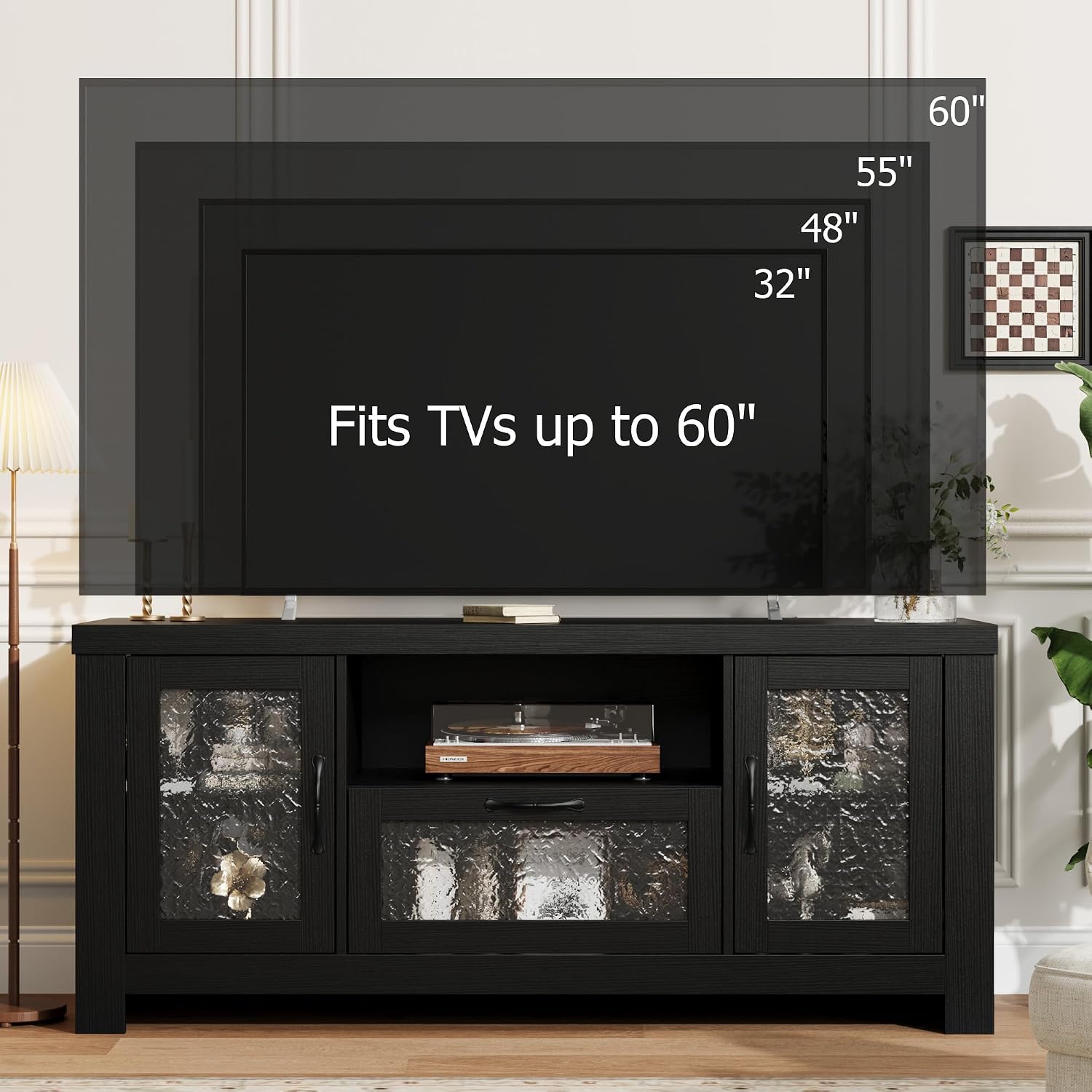 Farmhouse TV Stand for TVs up to 60 Inch, Wood Entertainment Center with Acrylic Door Storage Cabinets, Adjustable Shelves, Sturdy TV Console Table for Living Room Bedroom, Black