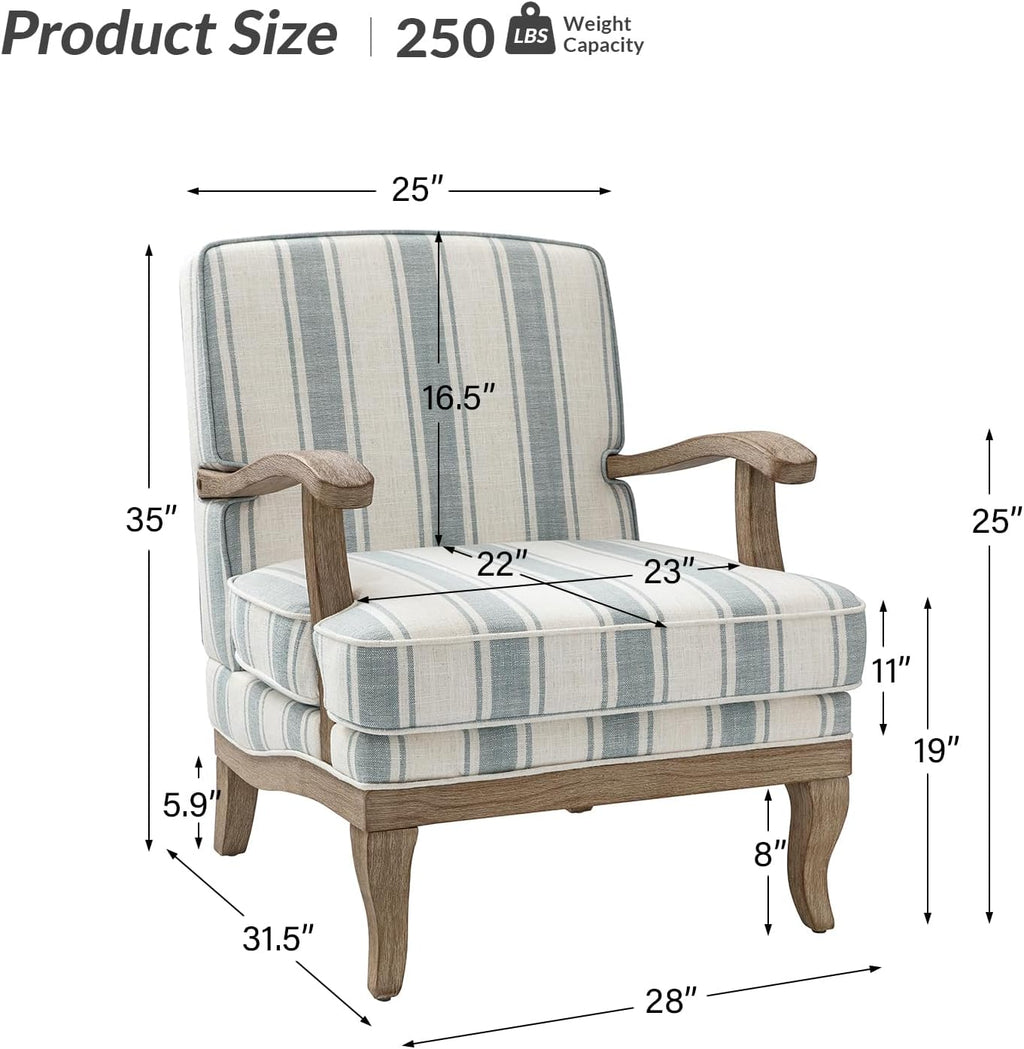 HULALA HOME Upholstered Accent Chair, Mid-Century Modern Striped Chair with Graceful Curves and Wooden Legs, Comfy Lounge Armchair Striped Accent Chairs for Living Room, Bedroom (Blue)