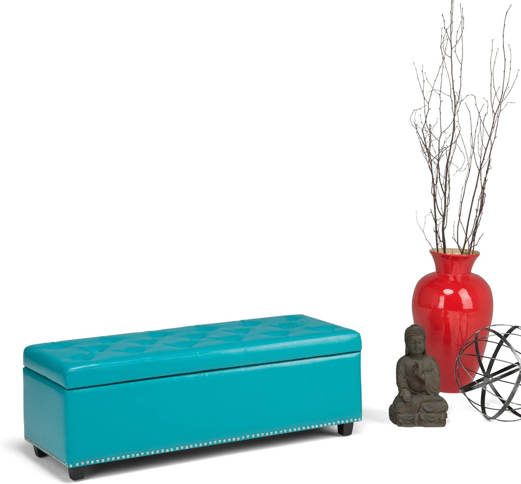 SIMPLIHOME Hamilton Storage Ottoman - 48 inch Wide Upholstered Vegan Leather Rectangle Storage Ottoman Bench in Mediterranean Blue, Traditional Tufted Ottoman for Living Room with Lift-Up Lid