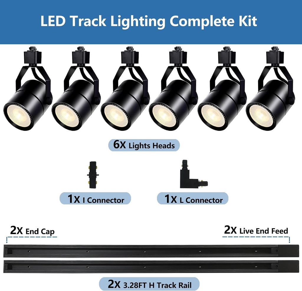 Black Track Lighting Heads Kit, PAR20 Dimmable H Type Track Lights Heads with 13.1FT(3.28 * 4) H Type Track Rails, 6000K Cold White LED Ceiling Spotlight Fixture, Replaceable PAR20 Bulb