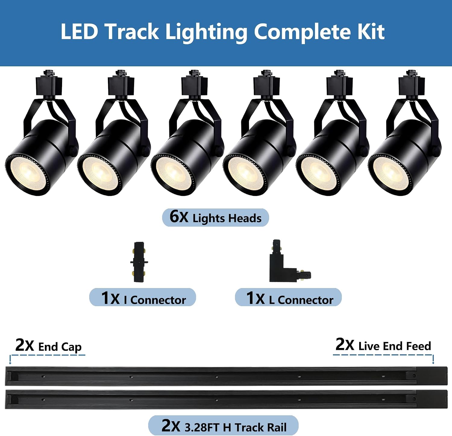 Black Track Lighting Heads Kit, PAR20 Dimmable H Type Track Lights Heads with 13.1FT(3.28 * 4) H Type Track Rails, 6000K Cold White LED Ceiling Spotlight Fixture, Replaceable PAR20 Bulb