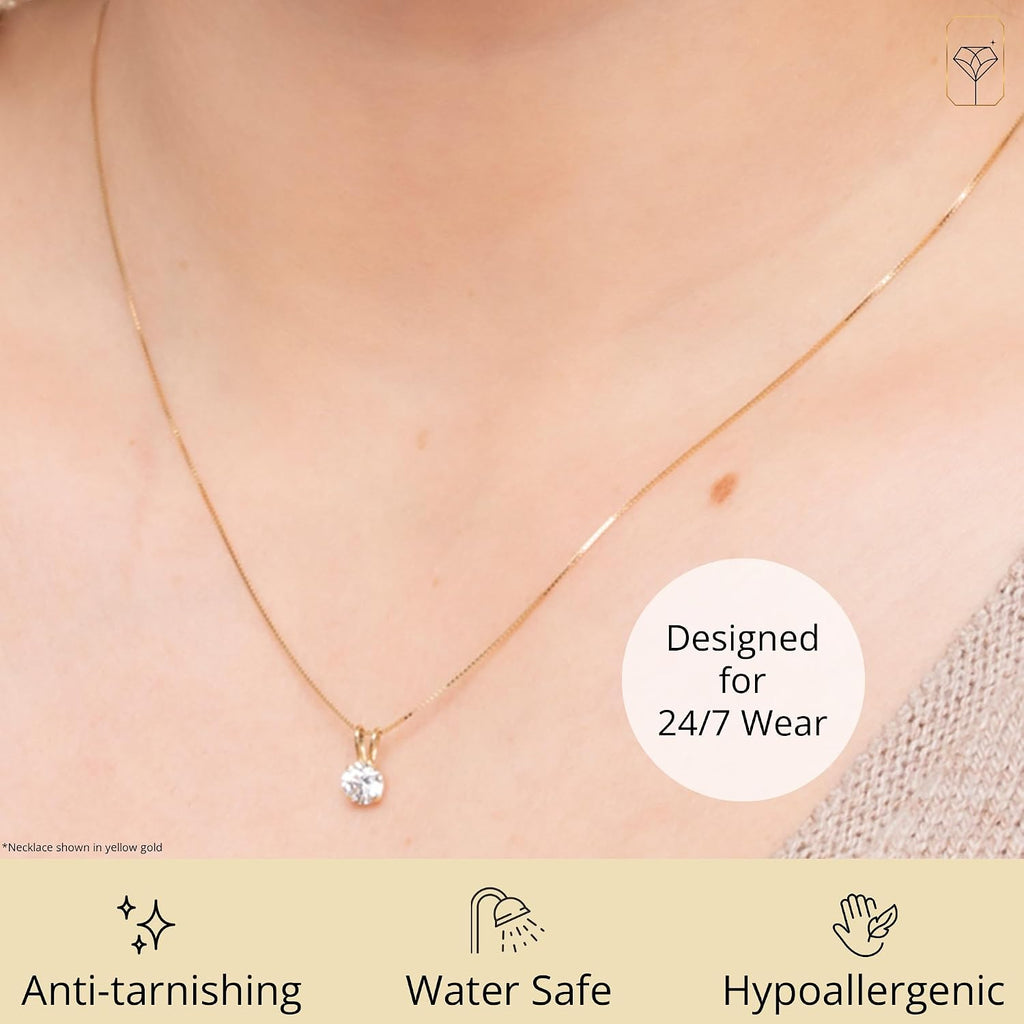 MAX + STONE 14k Gold 8mm Round Solitaire Cubic Zirconia Pendant Necklace for Women with 18 Inch Box Chain