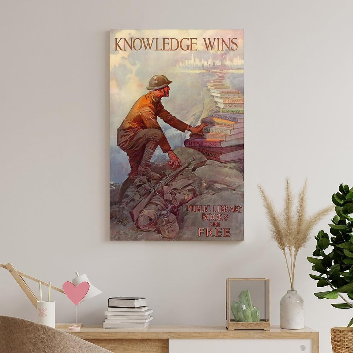 Knowledge Wins - Public Library Books - 1918 - World War I - Propaganda Poster Canvas Printing Wall Decoration Art For Room Aesthetics And Decoration 20x30inch(50x75cm)