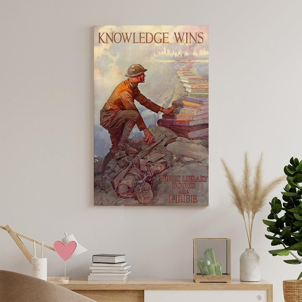 Knowledge Wins - Public Library Books - 1918 - World War I - Propaganda Poster Canvas Printing Wall Decoration Art For Room Aesthetics And Decoration 24x36inch(60x90cm)