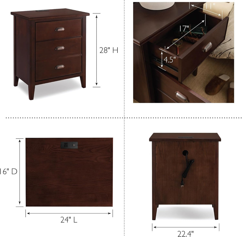 Leick Home 10522 Laurent Nightstand with Drawer, Door with USB-C Fast Charging Station and AC/USB Outlet, 2-Pack, Chocolate Cherry