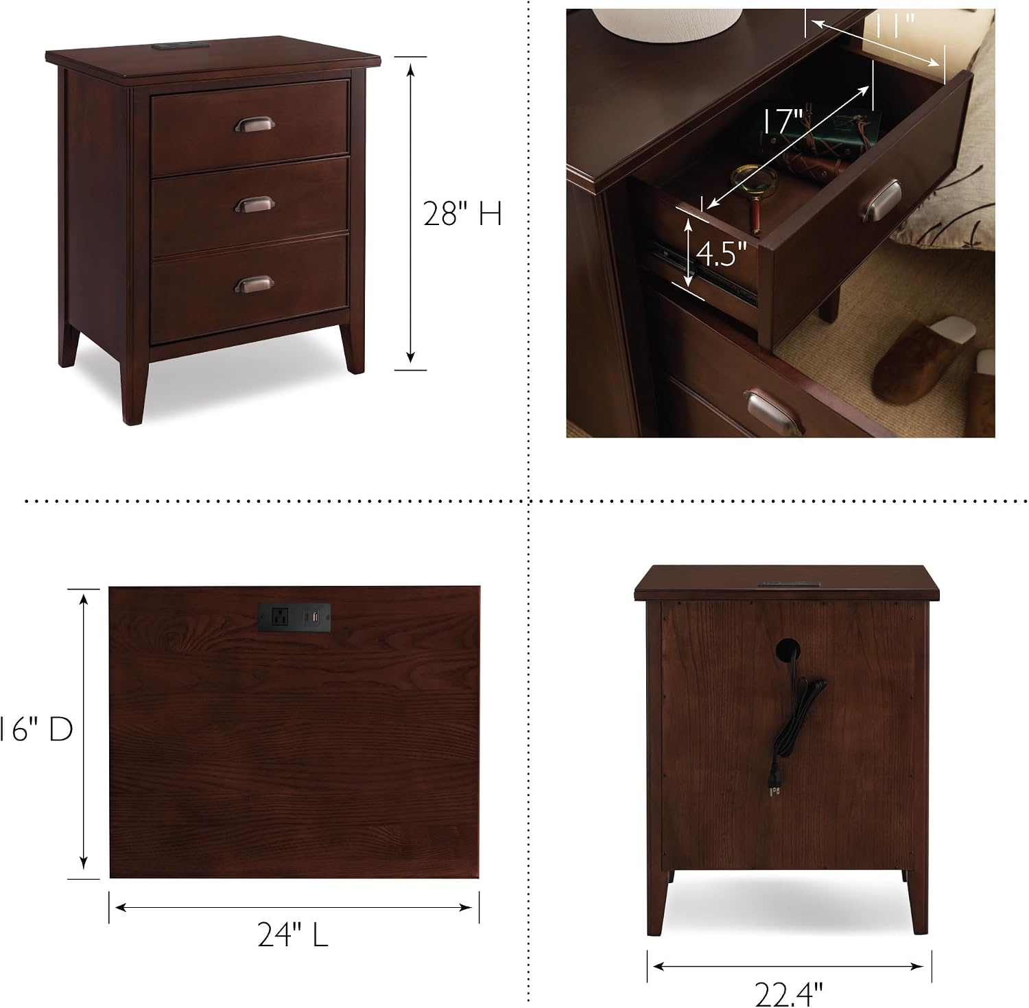 Leick Home 10522 Laurent Nightstand with Drawer, Door with USB-C Fast Charging Station and AC/USB Outlet, 2-Pack, Chocolate Cherry