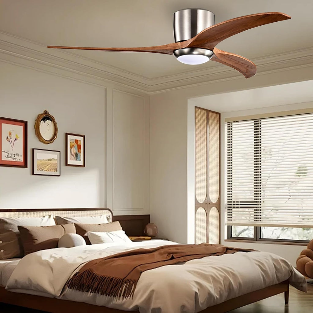 52' Modern Dimmable Chandelier Fan with Light, Low Profile Flush Mount Ceiling Fan Wooden Fandelier with Remote Reversible DC Motor Ceiling Fan for Bedroom Living Room (Nickel)