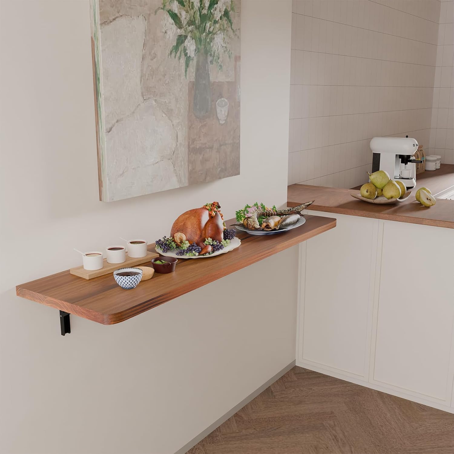 IAE Wall Mounted Folding Table with Pine Wood,55' x 16' Floating Wall Desk,Laundry Folding Table with Shelf Brackets,Fold Down Desk Shelf,Fold Workbench for Apartments,Home,Laundry Room,Kitchen,Teak