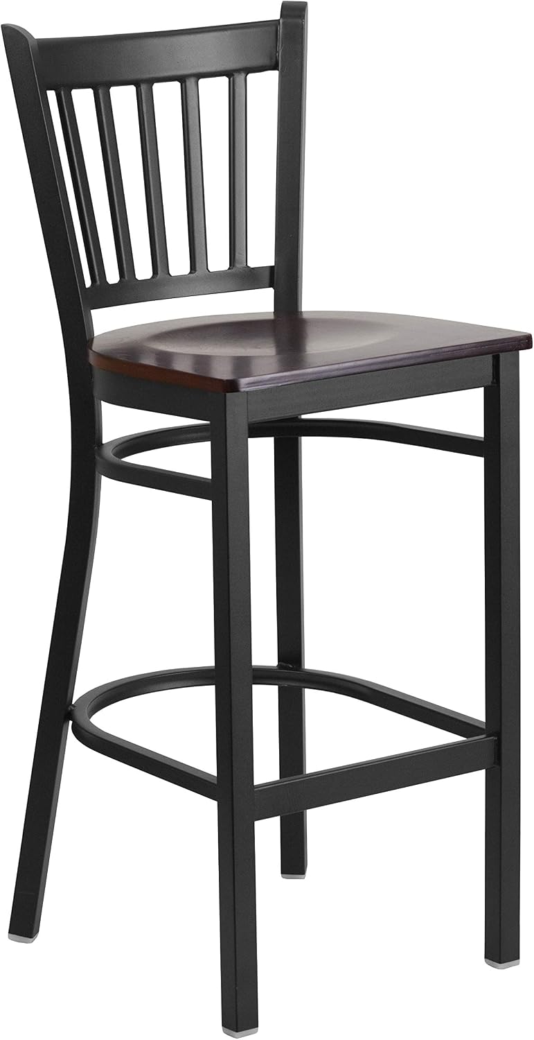 Flash Furniture HERCULES Series Black Vertical Back Metal Restaurant Barstool - Walnut Wood Seat (Pack of 2)