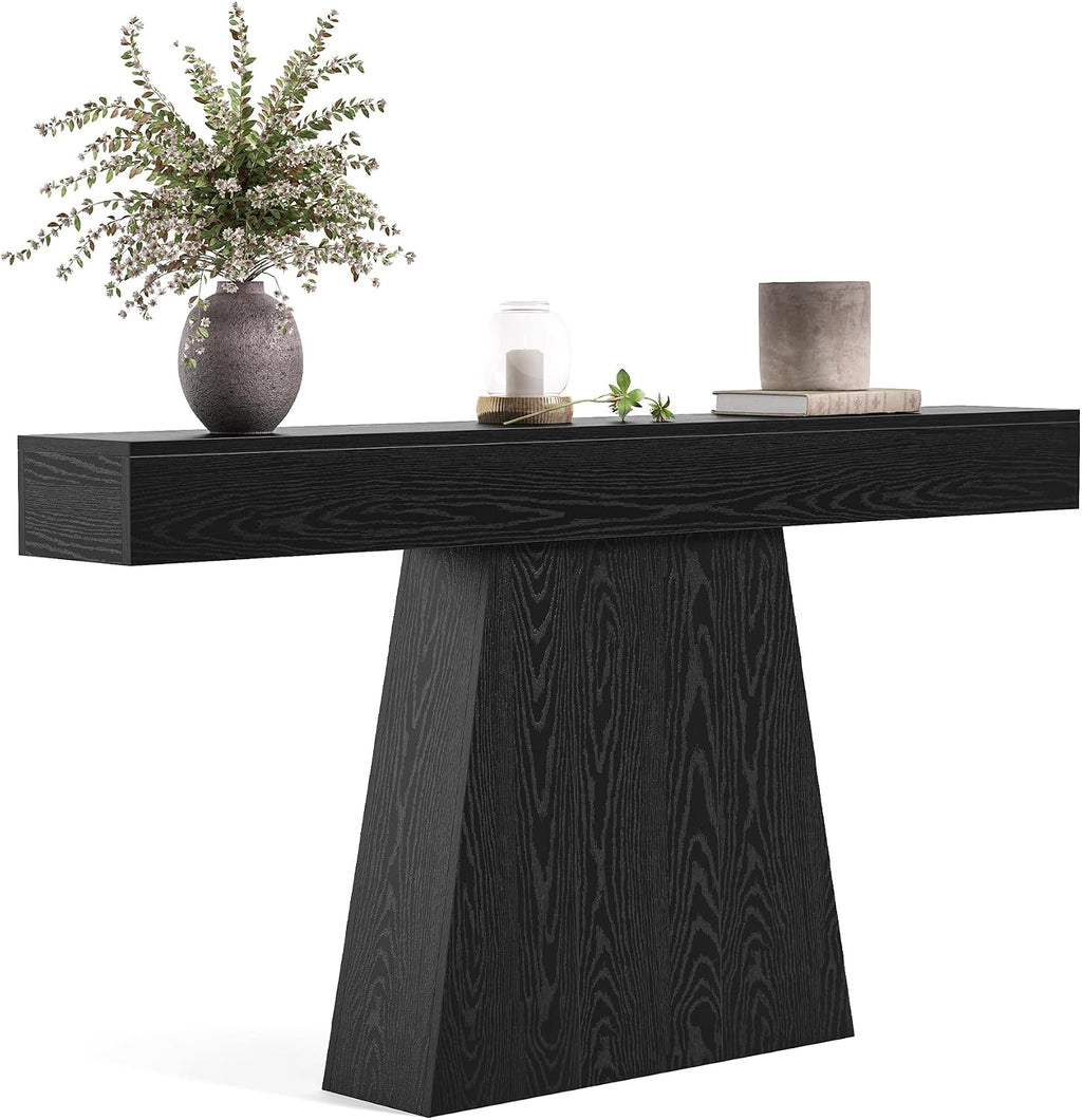 LITTLE TREE 63' Entryway Table, Modern Black Wooden Console Table with Trapezoidal Base for Living Room, Entrance, Hallway, Foyer, Behind the Couch