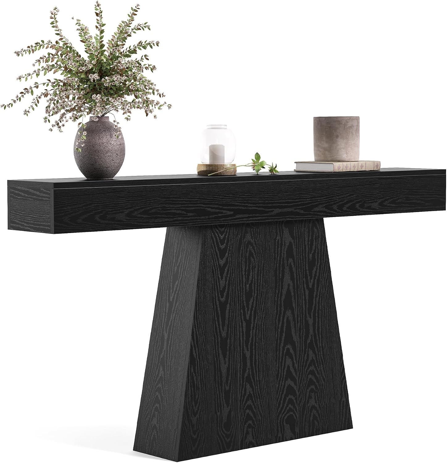 LITTLE TREE 63' Entryway Table, Modern Black Wooden Console Table with Trapezoidal Base for Living Room, Entrance, Hallway, Foyer, Behind the Couch