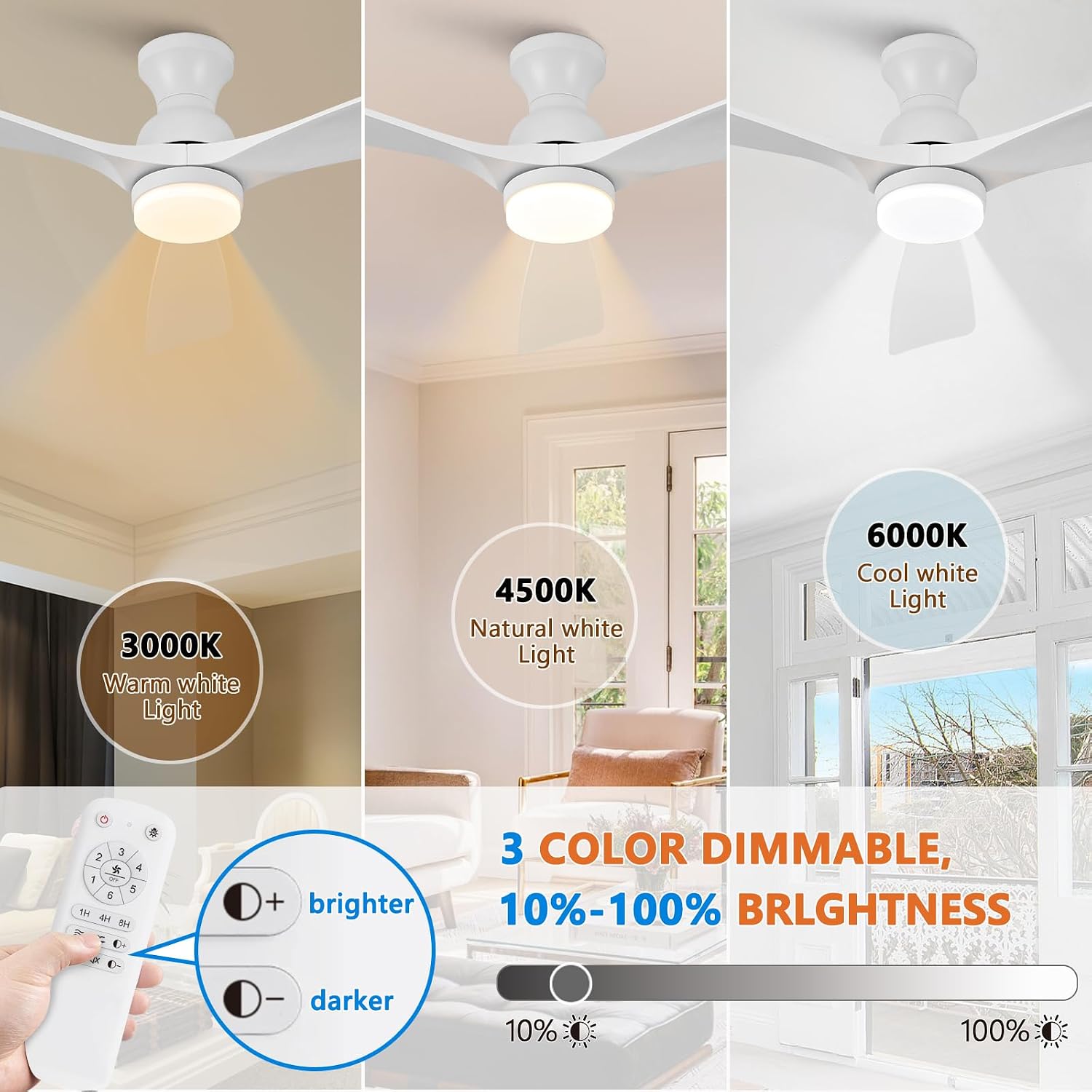 52 Inch Low Profile Ceiling Fan with Light and Remote, Dimmable, Quiet 6 Speeds DC Motor Wood Flush Mount Ceiling Fan, Hugger Ceiling Fans with Lights, Indoor Outdoor White Ceiling Fan