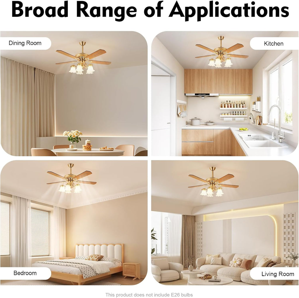52' Vintage Ceiling Fan with Light - Remote Control 6-Speed Flush Mount Fan with LED, 5 Wood Blades for Bedroom/Living Room/Dining Room (Gold,5203CFM)
