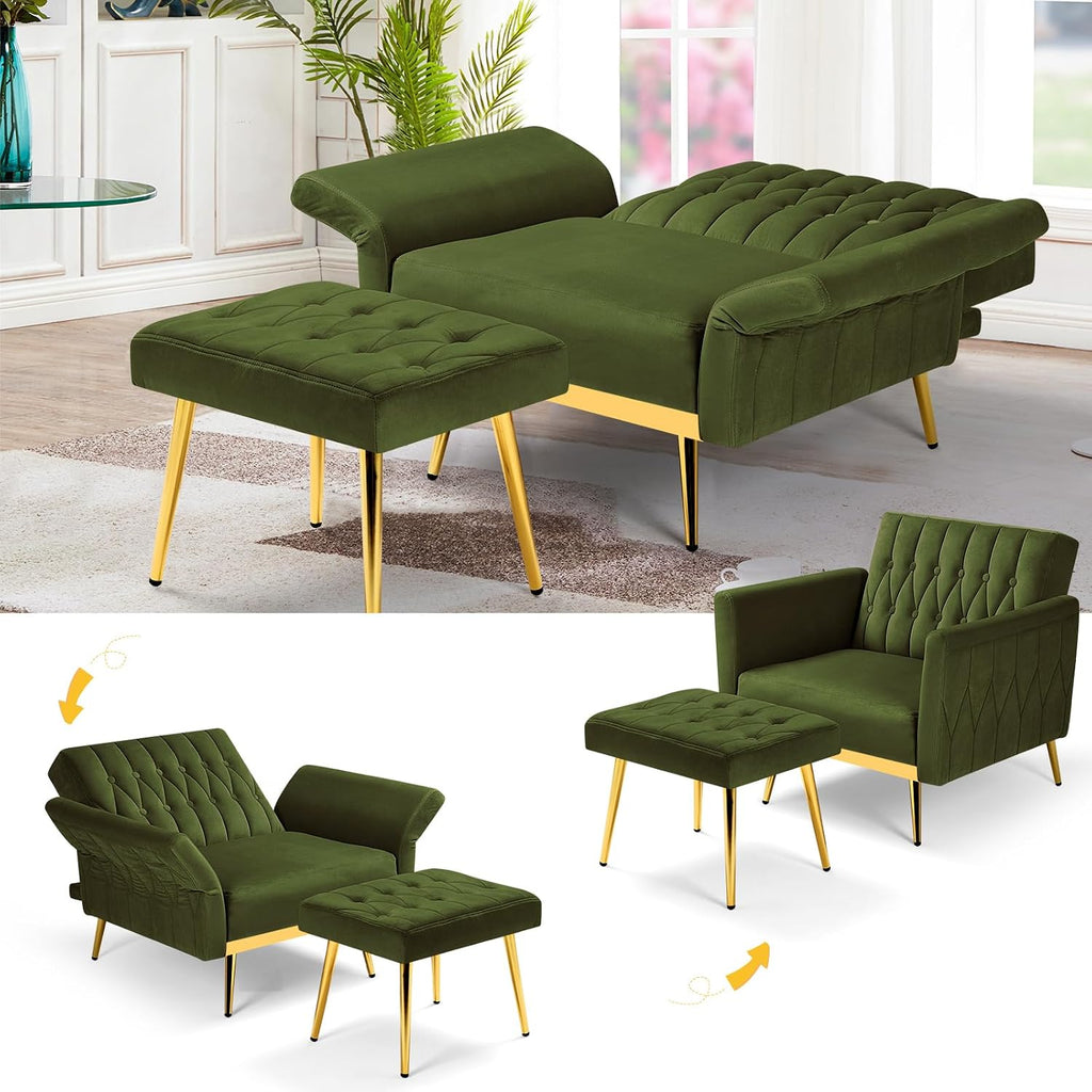 Velvet Accent Chair w/Adjustable Armrests and Backrest, Button Tufted Lounge Chair, Single Recliner Armchair with Ottoman and a Pillow for Living Room, Bedroom,Olive Green