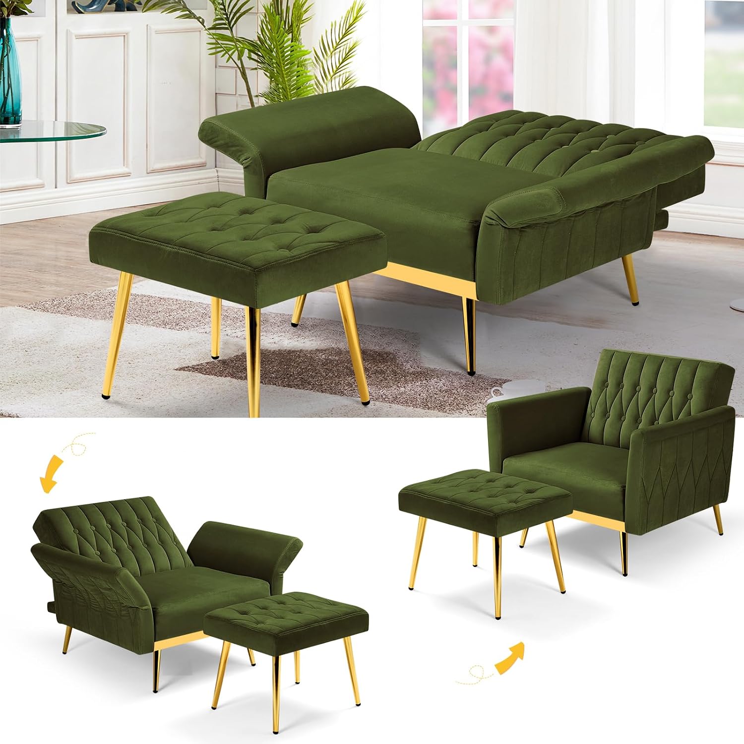 Velvet Accent Chair w/Adjustable Armrests and Backrest, Button Tufted Lounge Chair, Single Recliner Armchair with Ottoman and a Pillow for Living Room, Bedroom,Olive Green