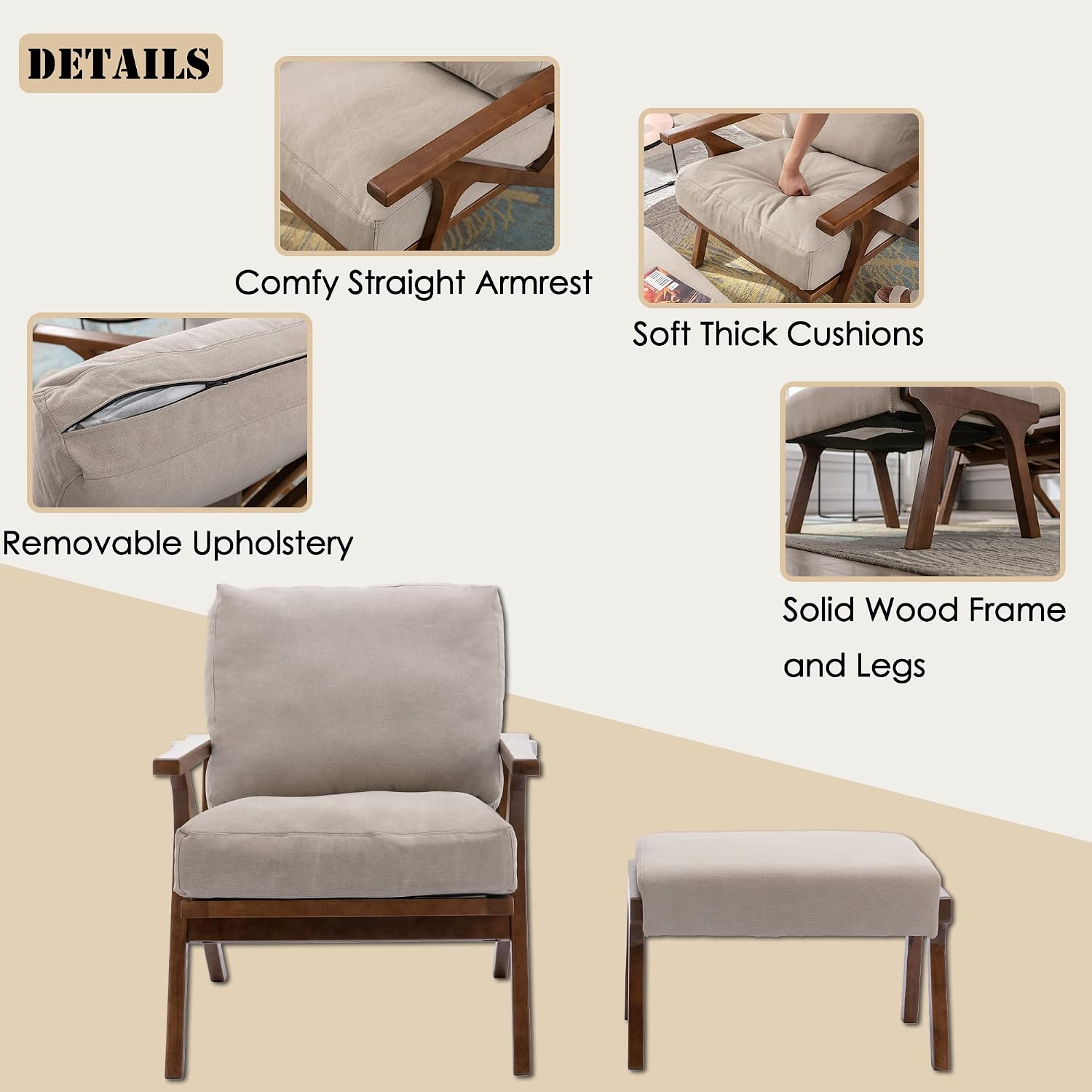 chairus Mid-Century Modern Accent Chair with Ottoman, Comfy Upholstered Lounge Armchair with Removable Cushions & Solid Wood Frame, Reading Chair for Living Room Bedroom Office, Beige Denim Fabric
