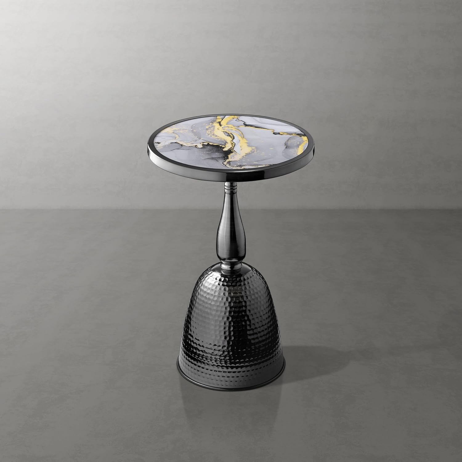 Homes: Inside + Out Halric Modern 24' Tall Round End Table with Decorated Tabletop and Iron Metal Base, Accent Furniture, Elegant Pedestal Stand for Living Room, Home Office, Black with Faux Marble