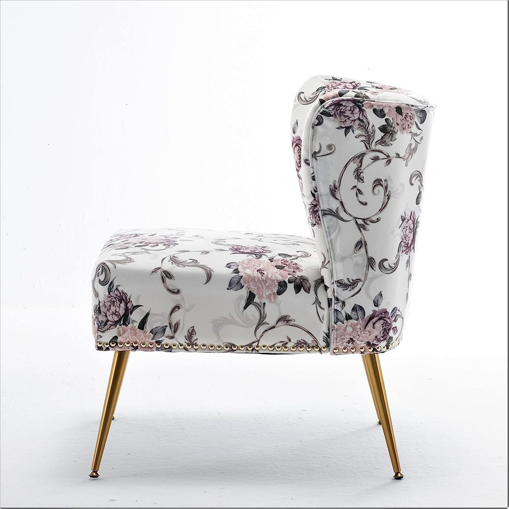 Container Furniture Direct Thia Armless Accent Chair for Living Room, Elegant Seat with Nailhead Trim, Gold Metal Legs and Comfortable Curved Back, 28' D x 25' W x 29.5' H, 02 Floral Print