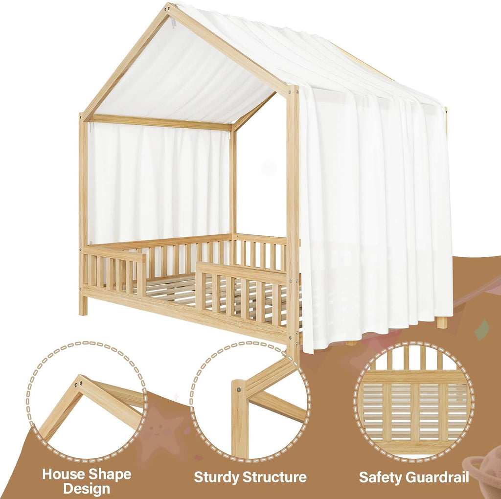 Bellemave Full House BedFrame with Canopy, Montessori Floor Bed, House Bed with Rails for Kids, Natural