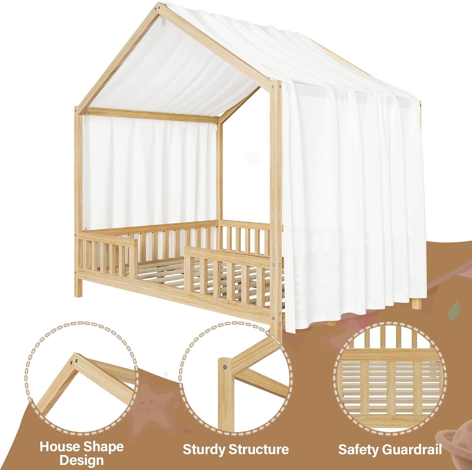 Bellemave Full House BedFrame with Canopy, Montessori Floor Bed, House Bed with Rails for Kids, Natural
