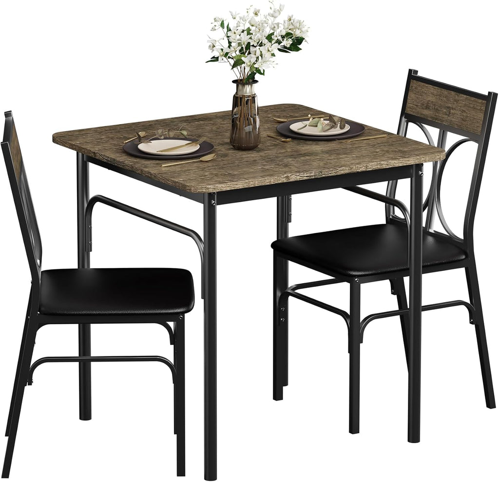 VECELO 3 Piece Dining Table Set for 2, Kitchen Table Set with 2 Chairs for Small Space, Space-Saving and Modern Design, Apartment, Easy to Assemble, Retro Brown