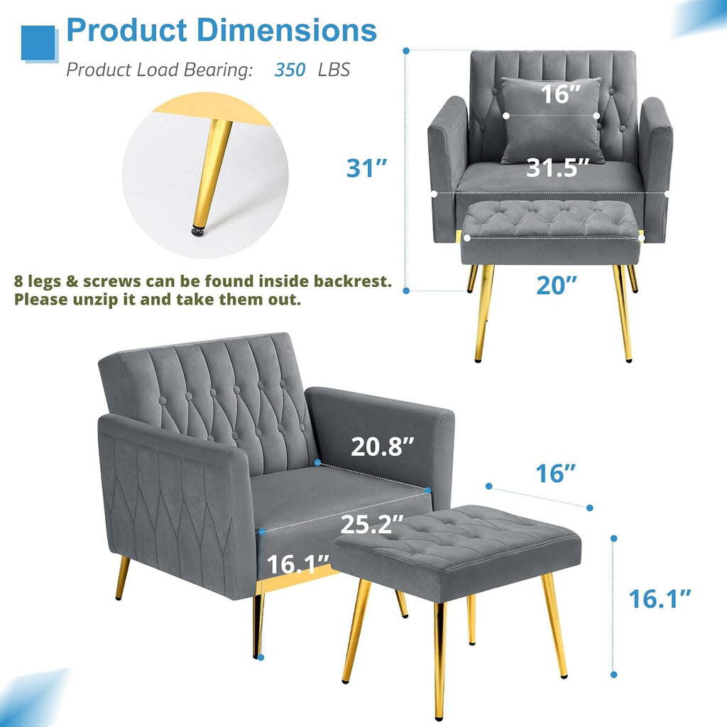 Velvet Accent Chair with Adjustable Armrests and Backrest, Button Tufted Lounge Chair, Single Recliner Armchair with Ottoman and Pillow for Living Room, Bedroom, Grey
