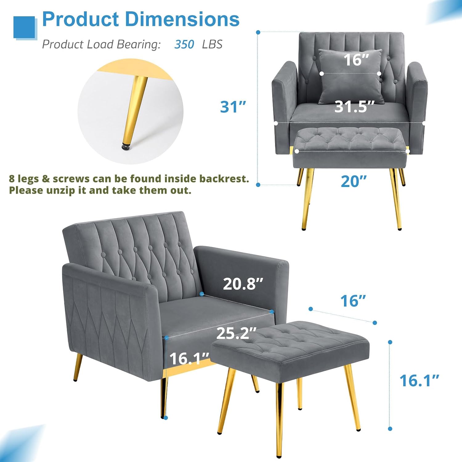 Velvet Accent Chair with Adjustable Armrests and Backrest, Button Tufted Lounge Chair, Single Recliner Armchair with Ottoman and Pillow for Living Room, Bedroom, Grey