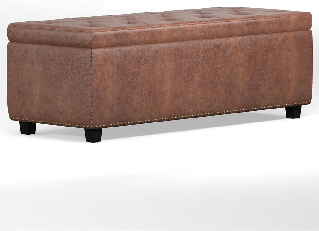 SIMPLIHOME Hamilton Storage Ottoman - 48 inch Wide Upholstered Vegan Leather Rectangle Storage Ottoman Bench in Distressed Umber Brown, Traditional Tufted Ottoman for Living Room with Lift-Up Lid