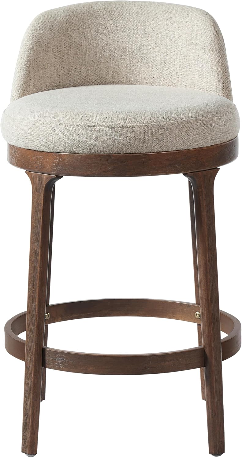 Christopher Knight Home Linhill 26.5' H Bar Stools Set of 4, Indoor Wooden Counter Stools with Round Upholstered Seat, Kitchen Stools, Rubberwood Frame with Footrest for Dining Island, Beige + Walnut