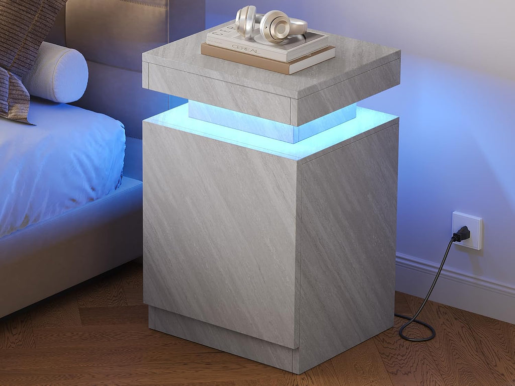 Nightstands Set 2, 17 Inches Modern Bedside Table with LED Lights, LED Night Stand Set of 2, High Gloss Surface, End Table with Storage for Bedroom, Grey