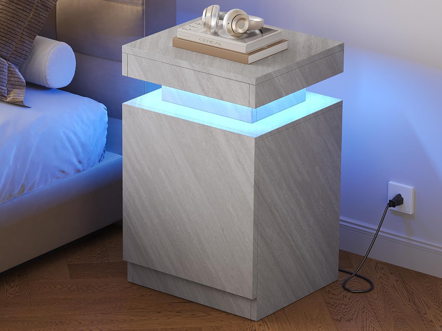 Nightstands Set 2, 17 Inches Modern Bedside Table with LED Lights, LED Night Stand Set of 2, High Gloss Surface, End Table with Storage for Bedroom, Grey