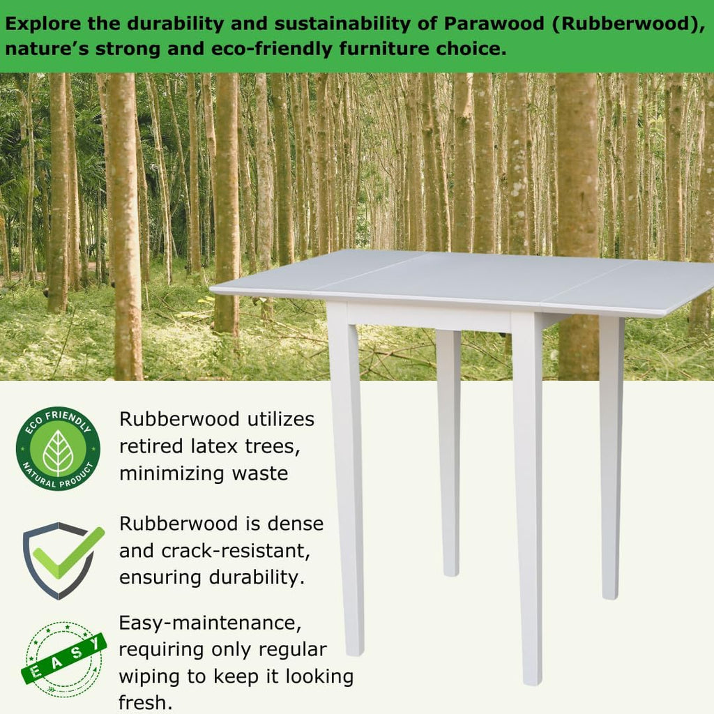 IC International Concepts, Solid Wood Small Drop Leaf Dining Table, Solid Real Wood, Sturdy Parawood, White
