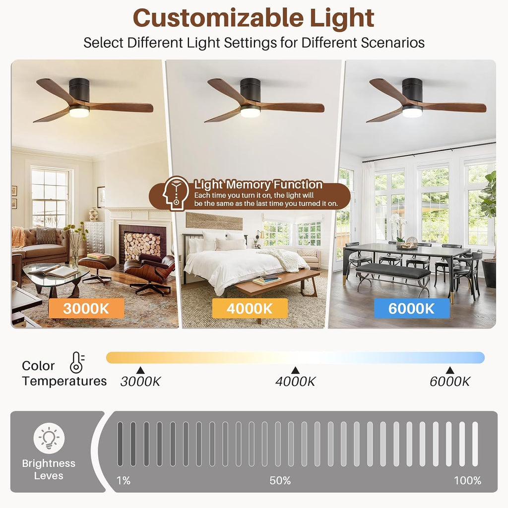 CACI Mall Smart 52 inch Wood Flush Mount Ceiling Fans with Lights and Remote, 3 Blades, Low Profile, Modern, Compatible with Alexa/Google/App, Outdoor Indoor Ceiling Fans for Bedroom/Farmhouse/Patio