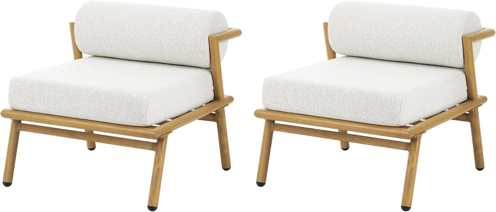 Christopher Knight Home Dessa Patio Accent Chairs Set of 2, Wood-Like Club Chairs, Boucle Lounge Chair, Upholstered Armless Chair, Iron Frame Stable Seating for Garden Poolside Backyard, White+Teak