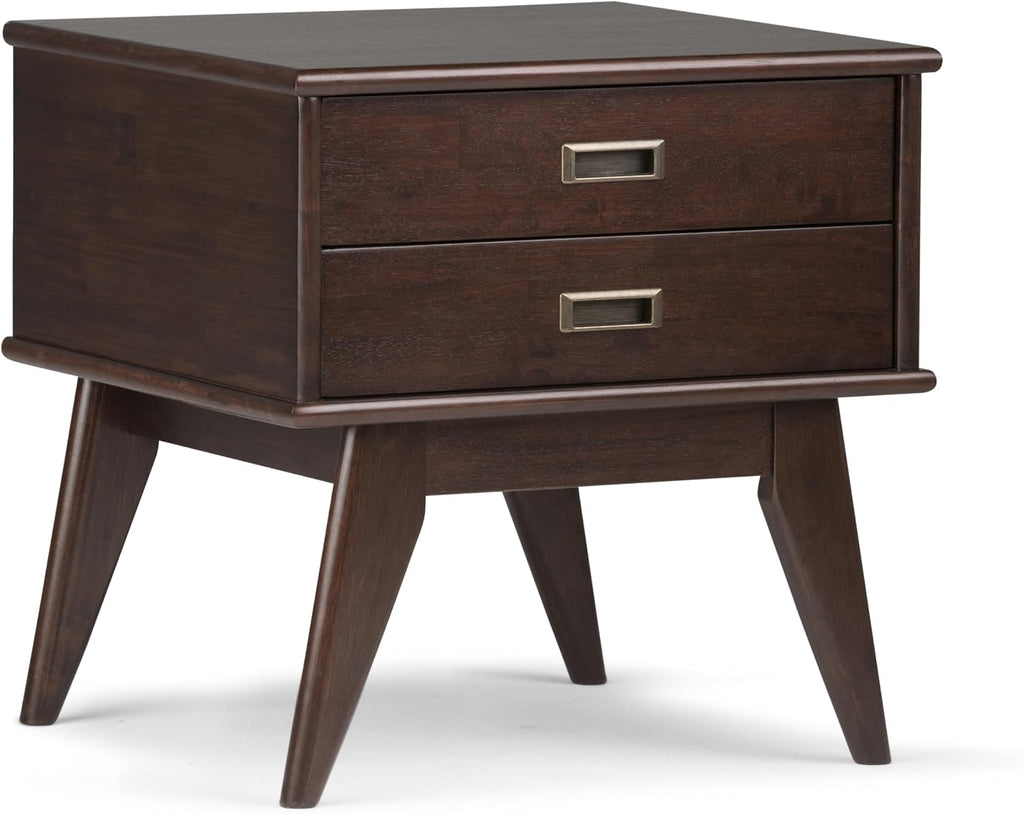 SIMPLIHOME Draper Side Table - 22 inch Wide Solid Hardwood Rectangular End Table with 2 Storage Drawers in Medium Auburn Brown, Mid-Century Modern Nightstand or Lamp Stand for Living Room or Bedroom