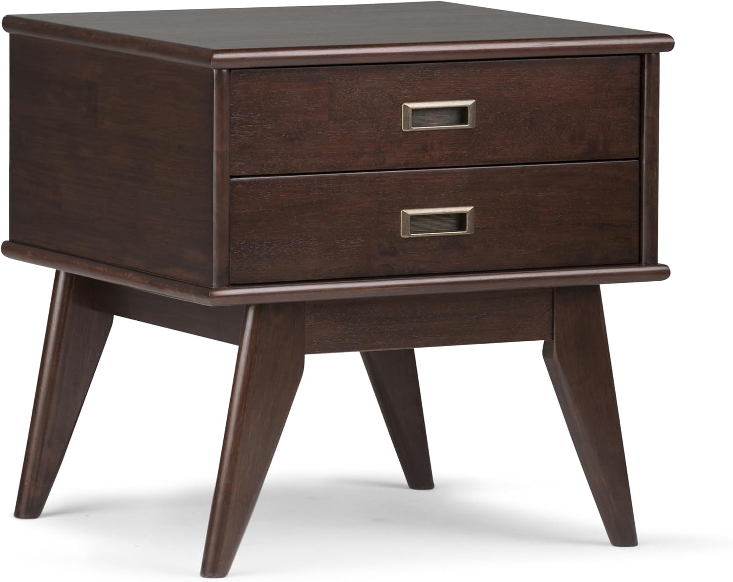 SIMPLIHOME Draper Side Table - 22 inch Wide Solid Hardwood Rectangular End Table with 2 Storage Drawers in Medium Auburn Brown, Mid-Century Modern Nightstand or Lamp Stand for Living Room or Bedroom