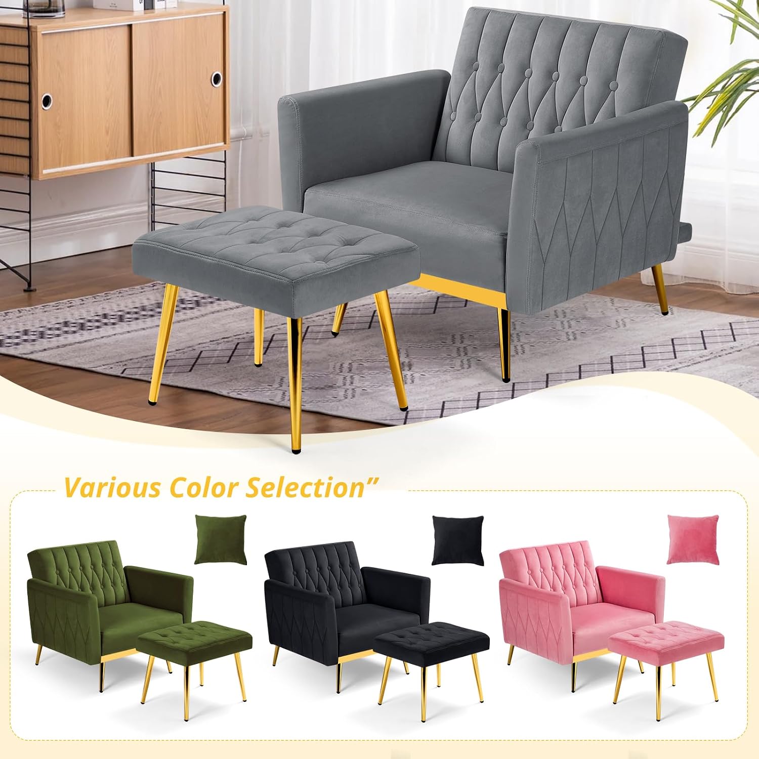 Velvet Accent Chair with Adjustable Armrests and Backrest, Button Tufted Lounge Chair, Single Recliner Armchair with Ottoman and Pillow for Living Room, Bedroom, Grey