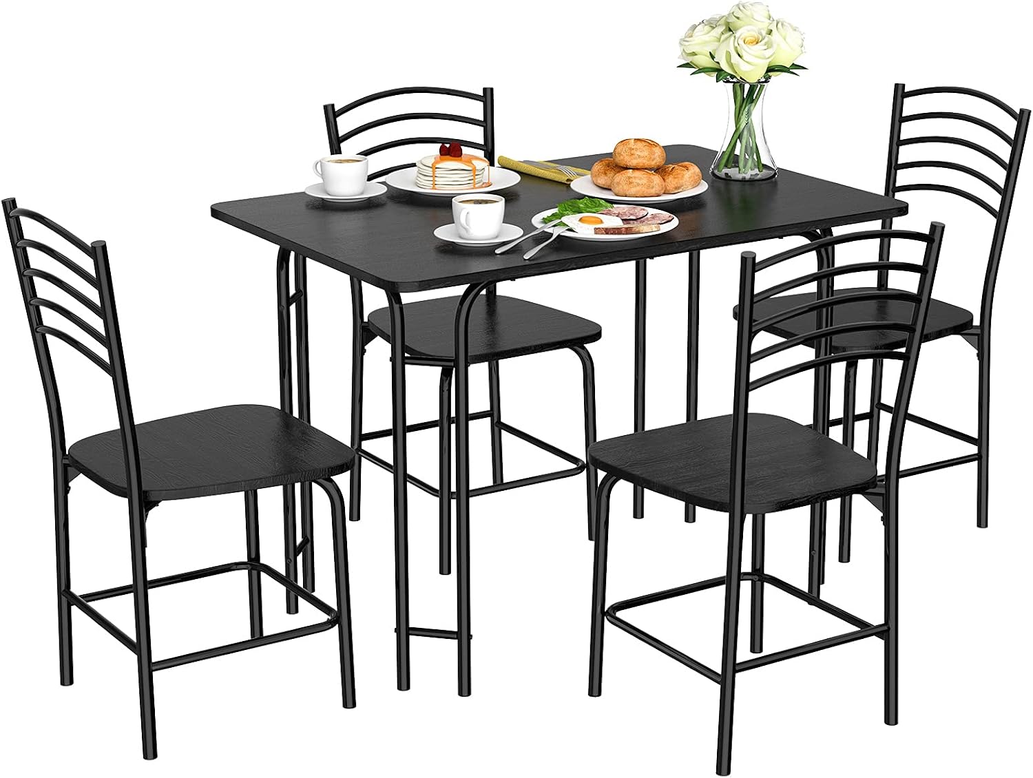 Giantex 5 PCS Dining Table Set 4 Person, Modern Kitchen Table and 4 Chairs, Wooden Top and Metal Legs, Home Dining Room Breakfast Furniture Rectangular Table, Black
