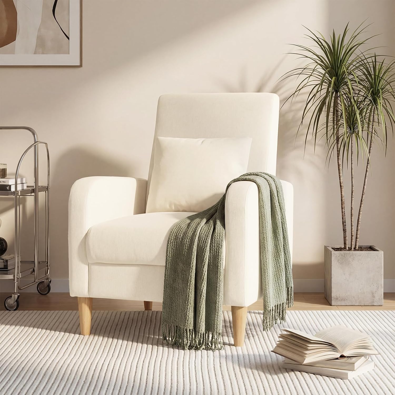 COLAMY Mid-Century Modern Upholstered Accent Chair with Back Pillow & Solid Wood Legs, Fabric Cozy Armchair for Living Room, Bedroom, Reading Nook, Apartment & Small Spaces, Beige