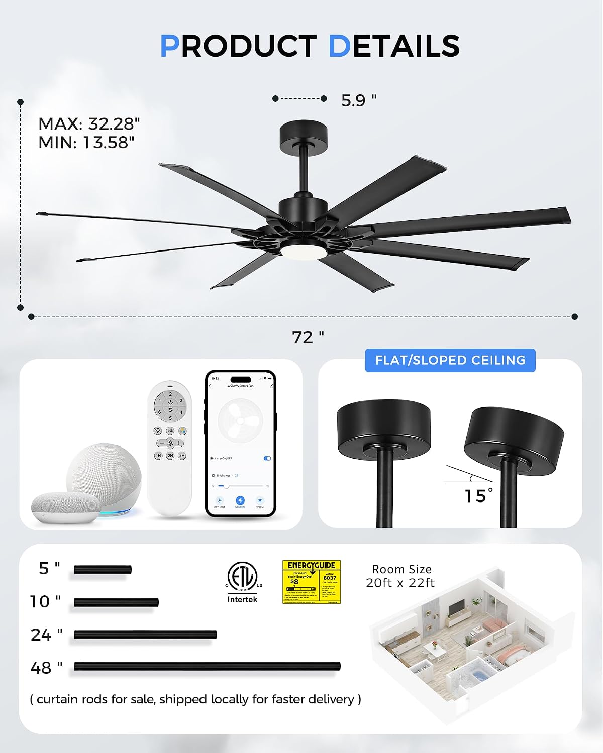 72 Inch Ceiling Fan With Light, Industrial Ceiling Fan With 8 Aluminium Metal Blades, Smart Fan Compatible with Alexa, Garage Indoor Fan For Living Room and Patio, ZCCF05ABK-72