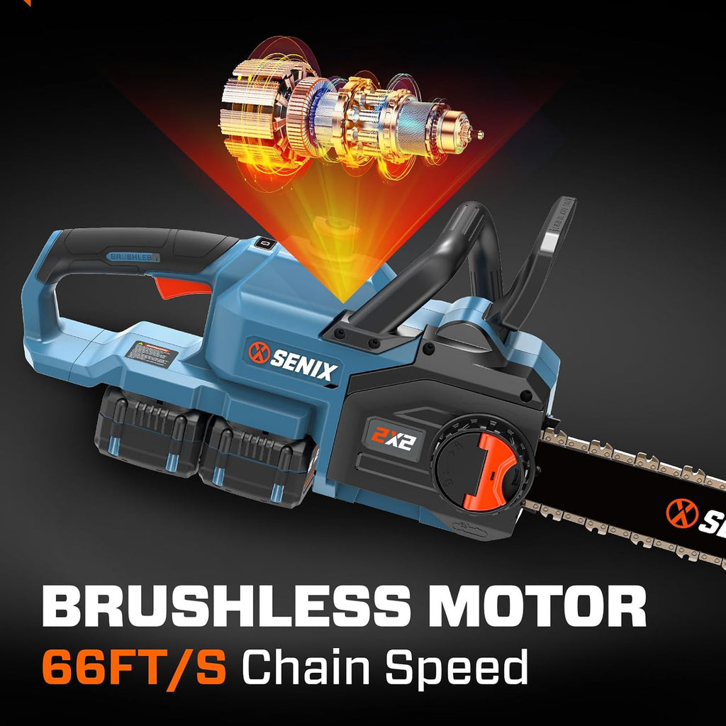 SENIX 40V 14' Electric Chainsaw, Cordless Battery Powered Chainsaw, Brushless Chain Saw, Includes 2x4Ah Batteries & Charger, Garden Tool for Trees, Pruning, Branch Cutting, Yard, Gift, CSX2-M2