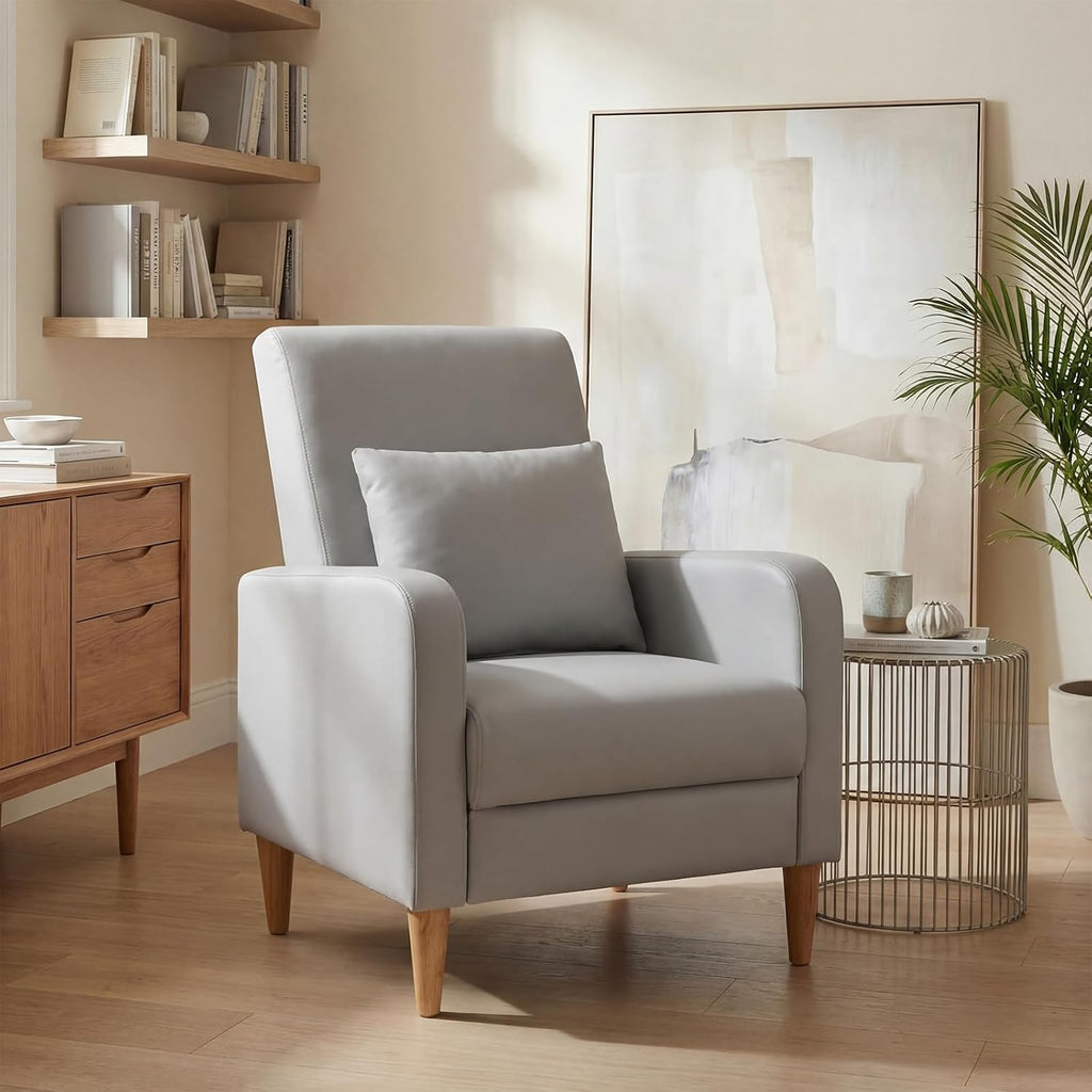 COLAMY Mid-Century Modern Upholstered Accent Chair with Back Pillow & Solid Wood Legs, Leather Cozy Armchair for Living Room, Bedroom, Reading Nook, Apartment & Small Spaces, Lightgrey
