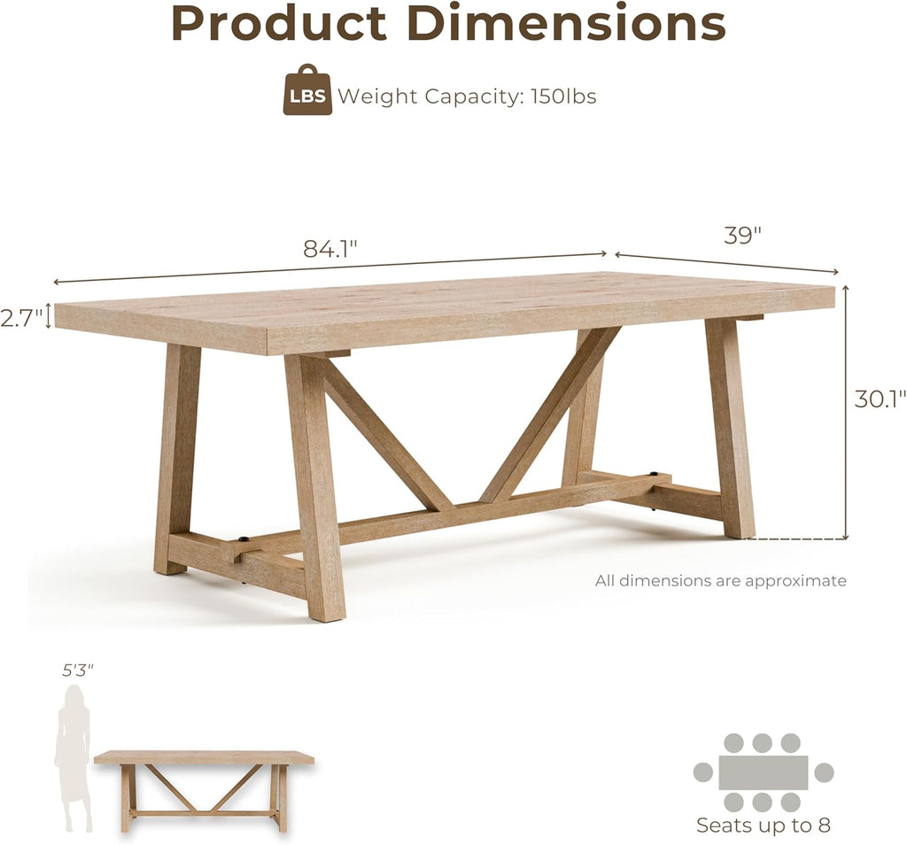 Furniture of America Wellen Farmhouse 84-Inch Rectangle Solid Wood Dining Table with Plank and Beam Base, Trestle Design, Seats Up to 8, for Kitchen, Home Office, Natural Oak